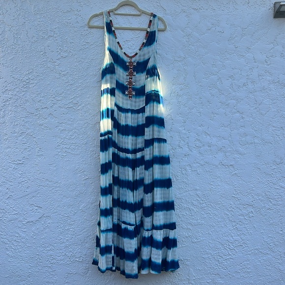 Free People gauze indigo dyed beaded  striped maxi dress XS - Picture 4 of 11